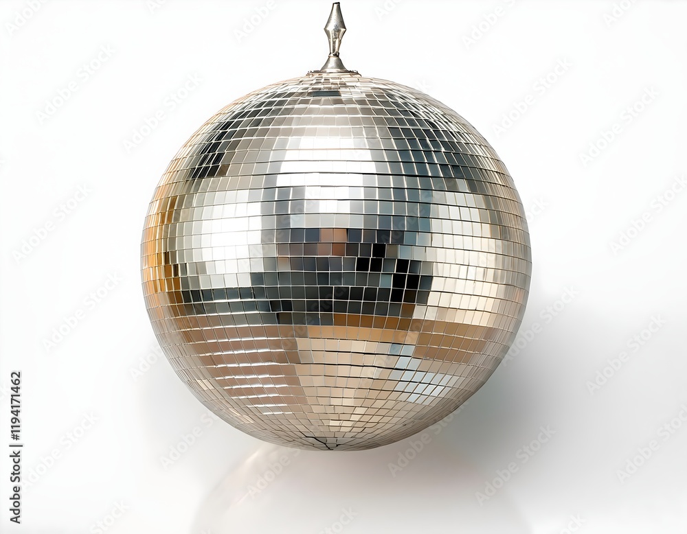 Fototapeta premium disco ball isolated on white background, Close-up of shiny disco ball over dance floor full of dancing people, blurred background