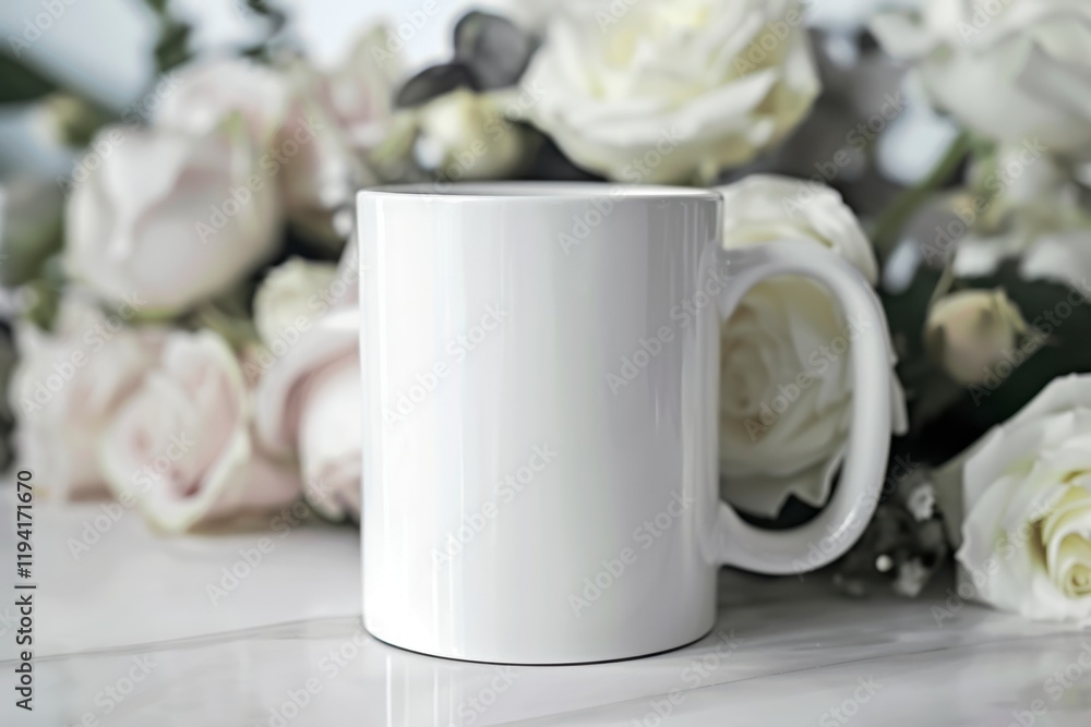 Blank White Mug with Soft Floral Background for Custom Designs, Mug mockup Blank White Mug with Soft Floral Background for Custom Designs, Mug mockup