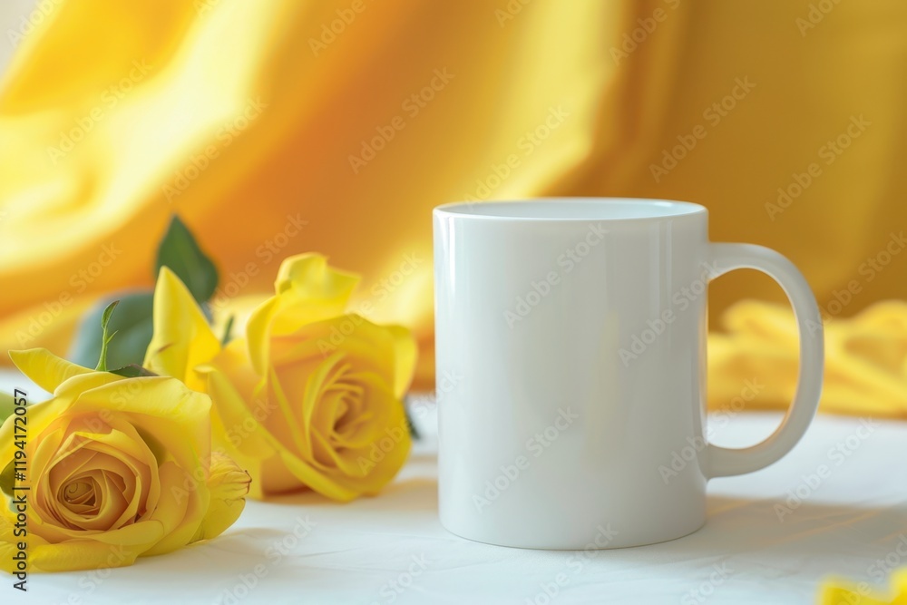 Blank White Coffee Mug with Yellow Roses and Soft Yellow Background, Mug mockup Blank White Coffee Mug with Yellow Roses and Soft Yellow Background, Mug mockup