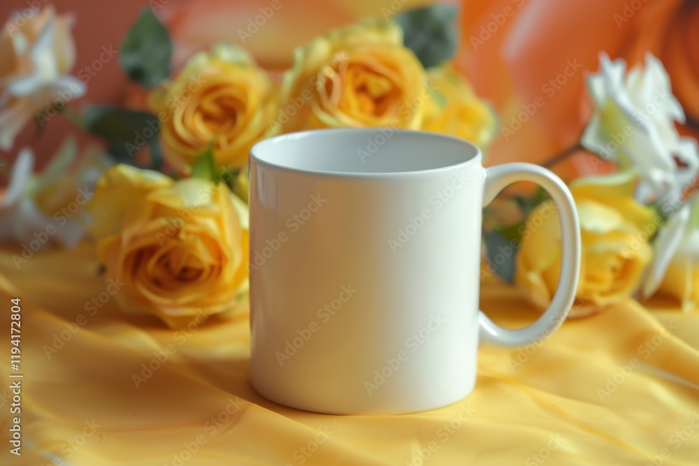 White Coffee Mug Surrounded by Yellow Roses on Soft Fabric Background, Mug mockup White Coffee Mug Surrounded by Yellow Roses on Soft Fabric Background, Mug mockup