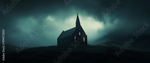 Lone church on hill, stormy night, dramatic sky, mystery, gothic