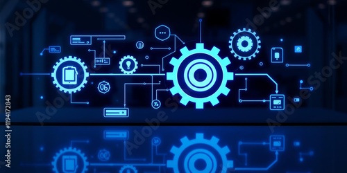 Digital display with gears icon reflecting concept of workflow optimization, automation, robotic process automation, and process management, digital display, gears, digital transformation