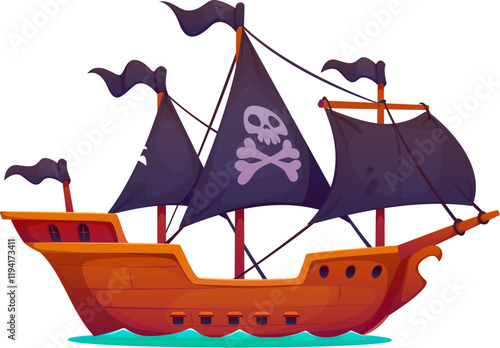 Privateer pirate ancient galleon sail ship. Corsair old galleon vessel. Pirate ancient frigate warship isolated vector or filibuster antique caravel sailboat with Jolly Roger skull on black sails
