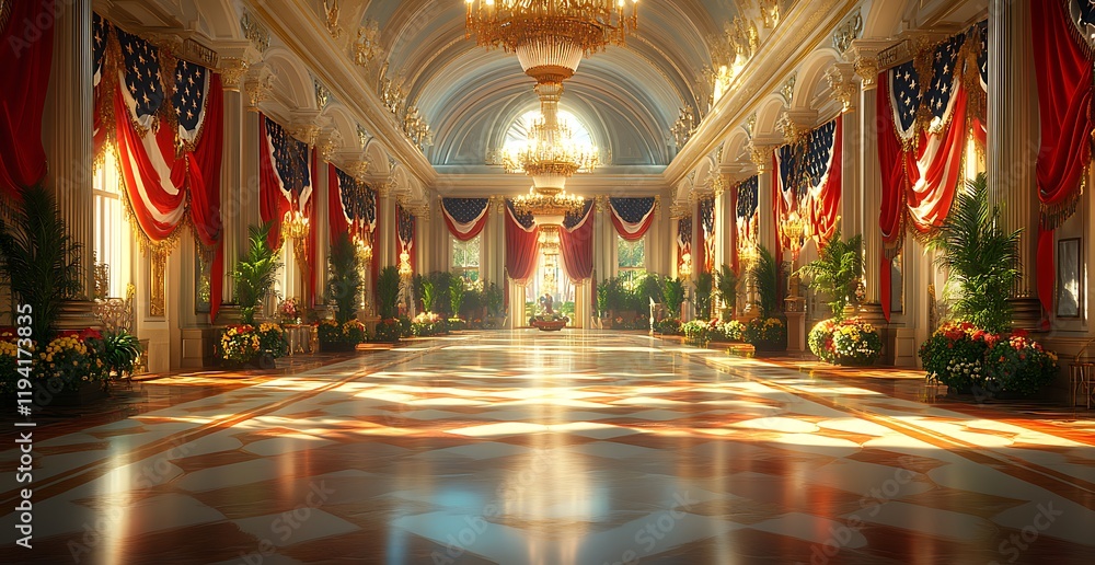 Fototapeta premium A Large Hall with a Chandelier and Flags