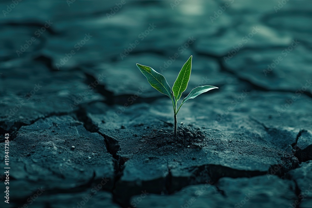 A single seedling pushing through the cracked earth, showcasing the strength of life to start anew, even in tough conditions. A single seedling pushing through the cracked earth, showcasing the strength of life to start anew, even in tough conditions.