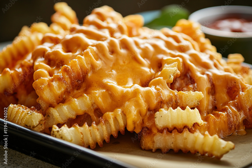 Crinkle-cut fries smothered in molten cheese served on a tray. (Generative AI) Crinkle-cut fries smothered in molten cheese served on a tray. (Generative AI)