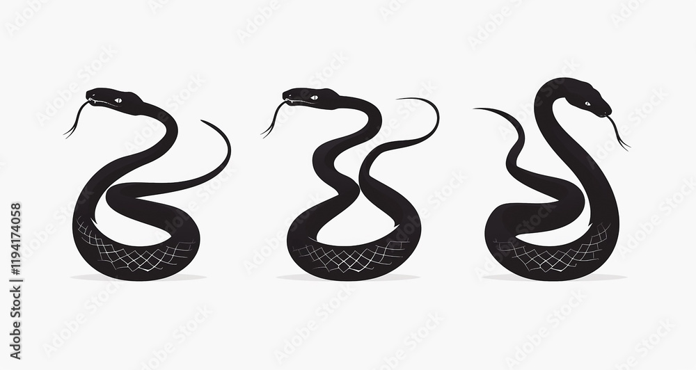 Black Snake Outlines and Silhouettes on Bright White Surface Black Snake Outlines and Silhouettes on Bright White Surface