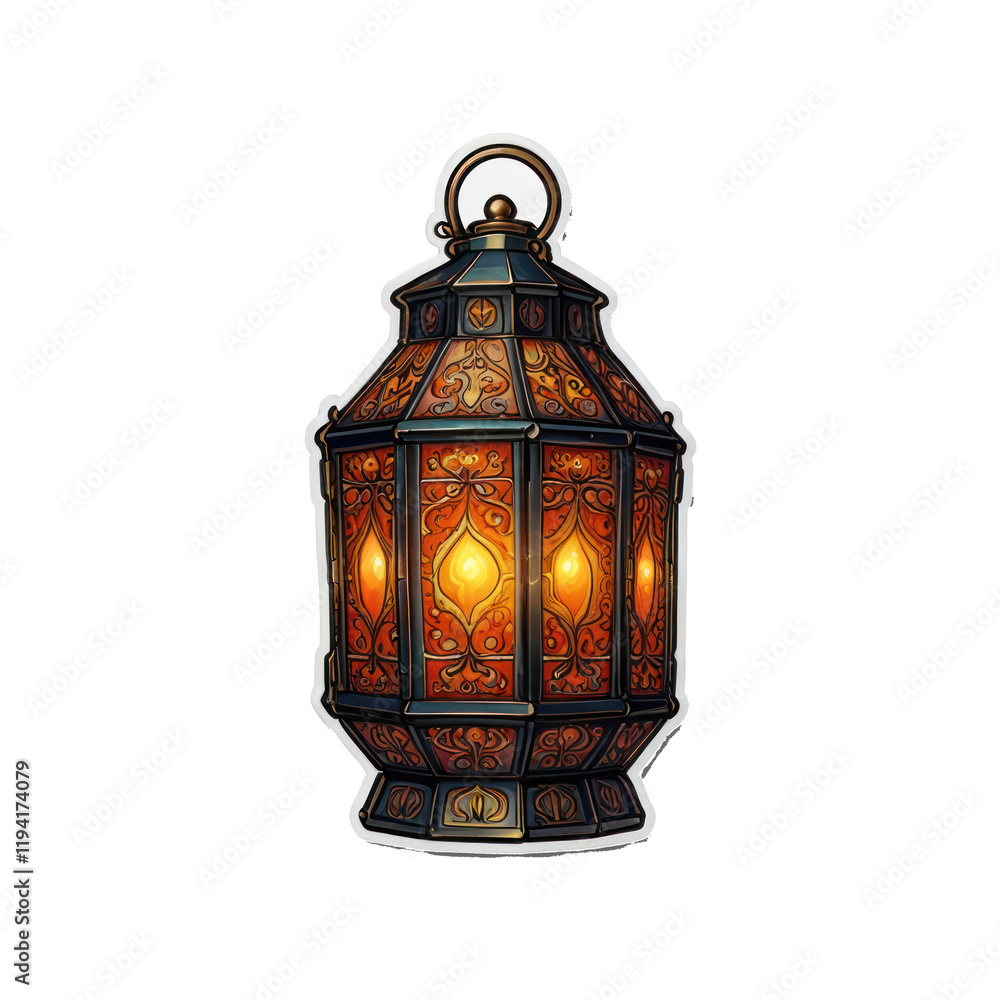 A digitally illustrated ornate lantern glows with warm light emanating from within its intricately designed panels. A digitally illustrated ornate lantern glows with warm light emanating from within its intricately designed panels.