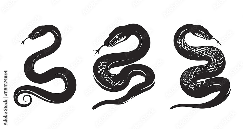 Various Black Snake Silhouettes on Simple White Backdrop Various Black Snake Silhouettes on Simple White Backdrop