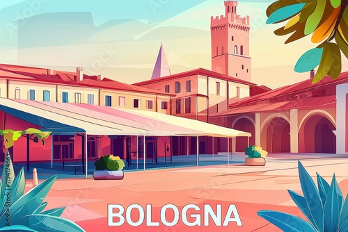 Illustration of Bologna showcasing iconic porticoes, medieval towers, and vibrant piazzas in soft pastel tones, reflecting cultural and culinary heritage.. photo