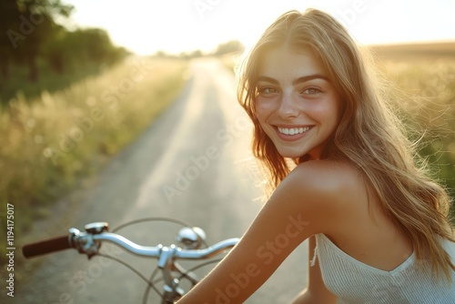 Slim young woman leaning on a bicycle, half-body shot, cheerful expression, rural holiday road, warm sunlight, carefree summer vibe, nature in the background, photographic style photo