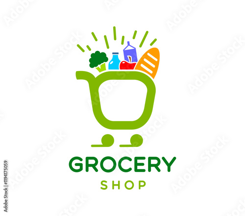 Grocery icon featuring green shopping cart filled with bread, milk box and fresh vegetables. Isolated vector emblem for supermarkets, food stores and online services symbolizes convenient shopping
