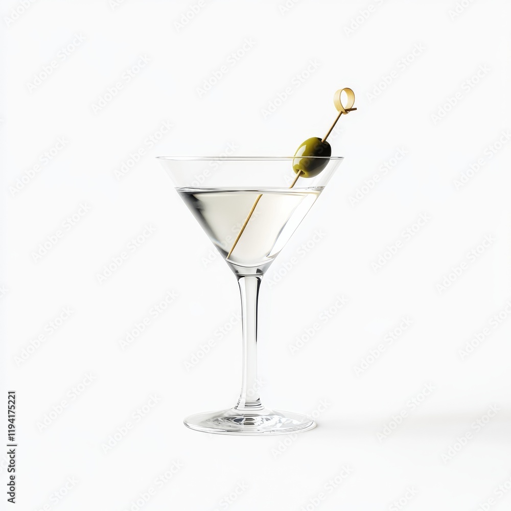 A classic and sophisticated Martini cocktail with a clear gin base, garnished with an olive on a cocktail pick, against an isolated white background A classic and sophisticated Martini cocktail with a clear gin base, garnished with an olive on a cocktail pick, against an isolated white background