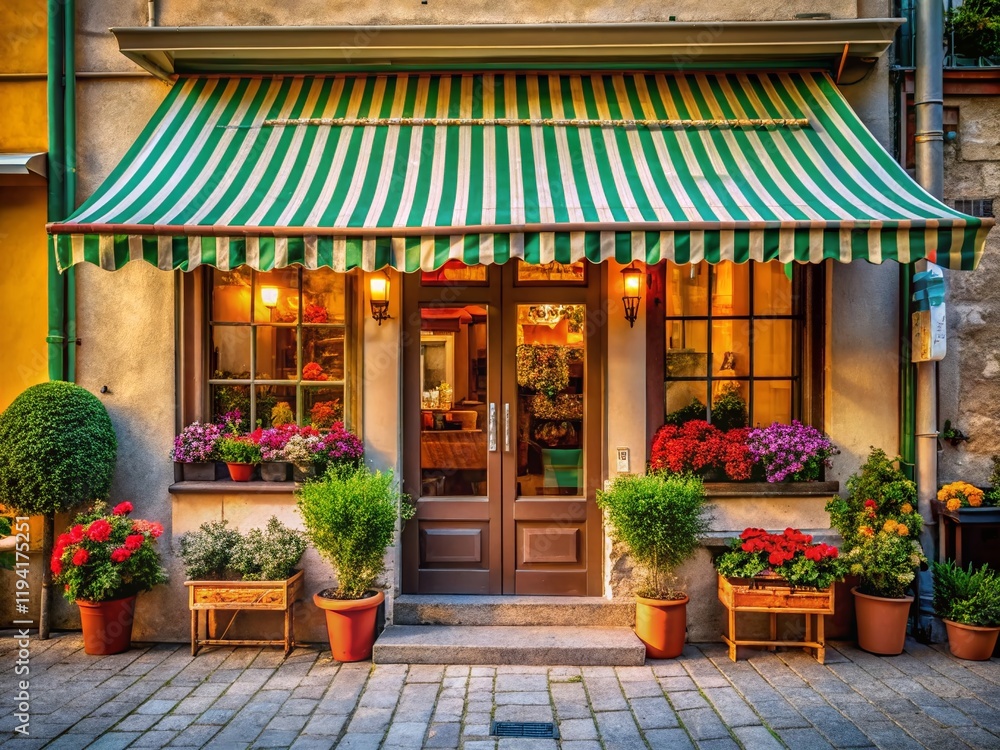 Fototapeta premium Charming Shopfront Daylight, Quaint Awning, Welcoming Entrance, Small Business, Retail Store
