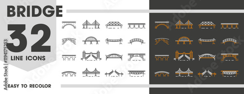 Bridge line icons for architecture, building or transportation and construction, vector symbols. Different bridge types and constructions of drawbridge for highway road or pedestrian link over river