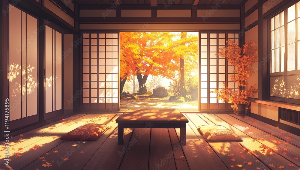 Fototapeta premium Autumn Sunlight Streams Through Shoji Screens into a Serene Japanese Room, Illuminating Wooden Floors and Cushions