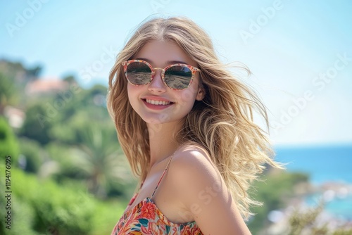 Slim young woman with sunglasses smiling, standing at a scenic viewpoint, half-body, wind in her hair, summer holiday vibe, bright and vibrant colors, photographic style photo