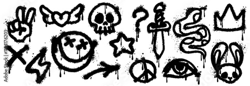 Grunge graffiti paint, ink spray vector icons set. Black urban and street culture elements. Snake, skull, crown and rabbit head, lightning bolt, question mark and winged heart. Eye, star and cross