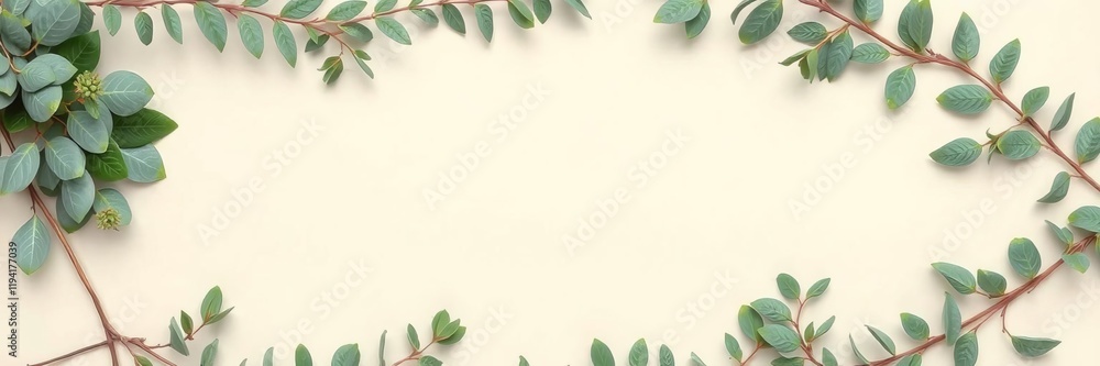 Fototapeta premium Elegant frame constructed from eucalyptus branches arranged in a flat lay top view, web design, flat lay, concept