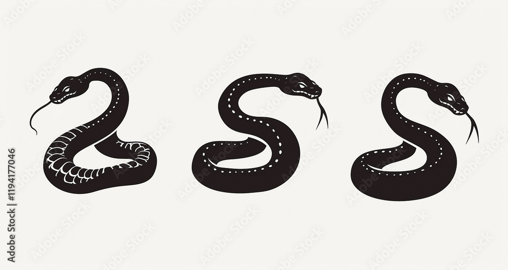 Fototapeta premium Black Snake Silhouettes Isolated on a Clean White Background
