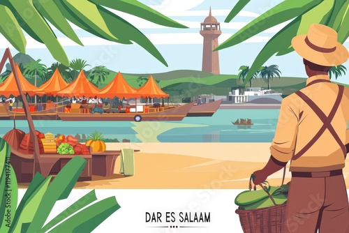 Dynamic illustration of Dar es Salaam featuring vibrant markets, Indian Ocean beaches, and cultural landmarks in warm pastel tones of coastal charm.. photo