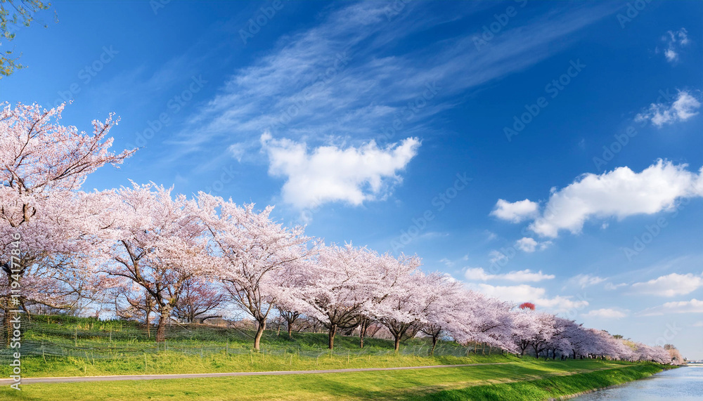 日本の春・桜並木の川の土手　美しい満開の桜に青空とさわやかな雲・水面に映りこむ反射した景色の背景　入学・卒業・入社・新生活・花見・はじまり・希望のイメージ壁紙　