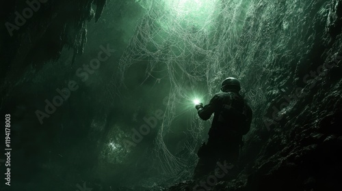 A male speleologist in a helmet shines a flashlight into a dark, unexplored cave, with intricate spiderwebs and rare cave flora illuminated by the light.