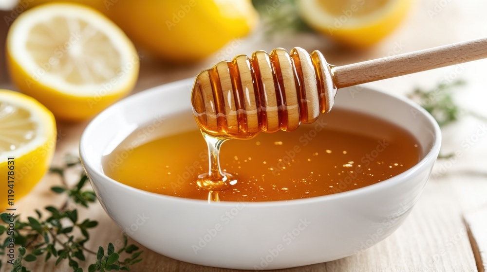 Fresh Honey Dripping from Wooden Dipper into Bowl Surrounded by Bright Yellow Lemons and Green Thyme Sprigs on Rustic Wooden Table Fresh Honey Dripping from Wooden Dipper into Bowl Surrounded by Bright Yellow Lemons and Green Thyme Sprigs on Rustic Wooden Table