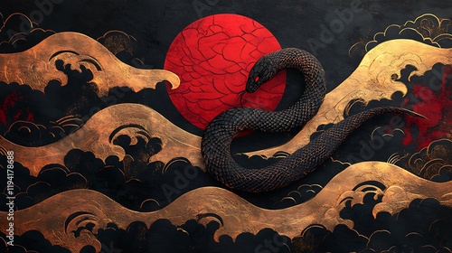 A simple snake silhouette in dark gray set against vibrant Japanese Seigaiha waves in gold and crimson, illuminated by soft ambient light, minimalist and balanced, hd quality. --ar 16:9 photo