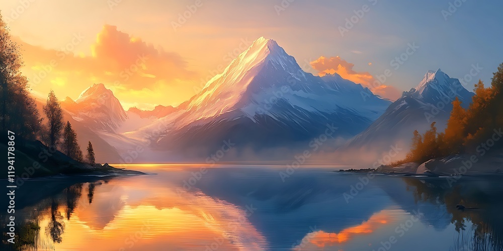 a lake with snow covered mountains and a pink sky a lake with snow covered mountains and a pink sky
