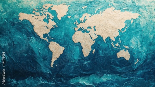 Artistic waves of financial trade impacting coastal world maps, Global Economy, Symbolic spending trends