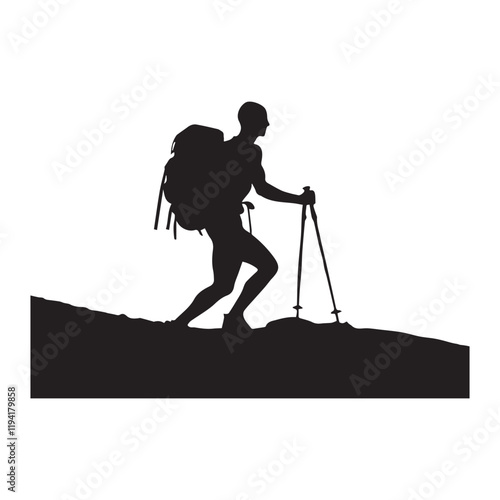 PrintHiking man Silhouettes. hiking man with rucksacks silhouette. hiker with backpack, vector silhouettes. mountaineer climber hiker people. Backpacker. walking with the aid of trekking poles.