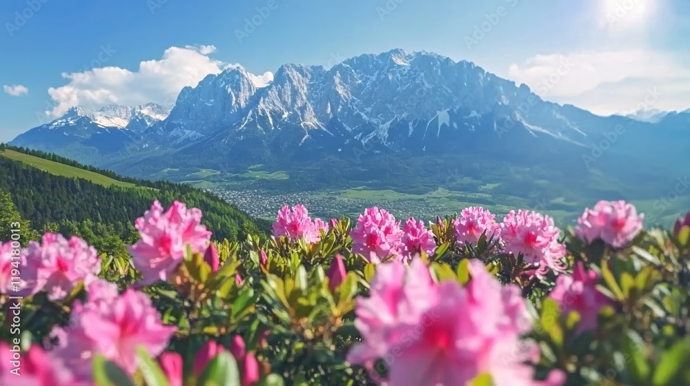 Alpine Blossom Springtime Mountain Panorama Pink Flowers Scenic View Alpine Blossom Springtime Mountain Panorama Pink Flowers Scenic View