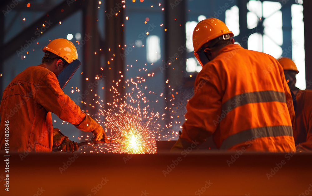 Welders working in industrial setting, sparks flying, wearing safety gear Welders working in industrial setting, sparks flying, wearing safety gear