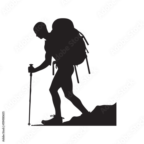 PrintHiking man Silhouettes. hiking man with rucksacks silhouette. hiker with backpack, vector silhouettes. mountaineer climber hiker people. Backpacker. walking with the aid of trekking poles.