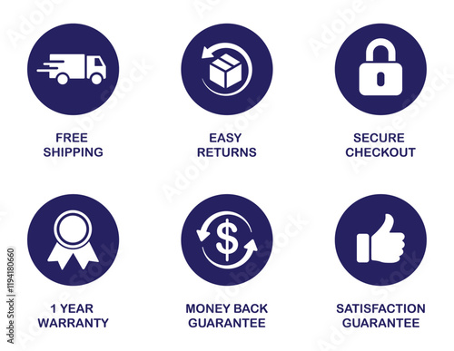 E-commerce security badges risk-free shopping icons set. E-commerce, online shopping line icons set. Modern graphic design concepts, simple outline elements collection. E-commerce and Shopping icons.