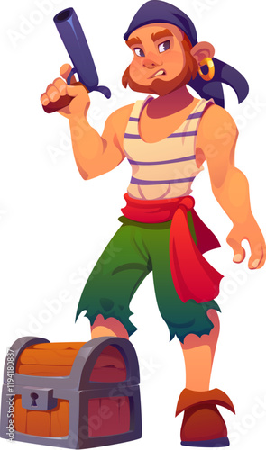 Cartoon pirate character armed with a gun, valiantly defends his treasure chest. Fierce sailor, skipper, boatswain, captain, corsair or filibuster personage wearing striped vest ready to protect loot