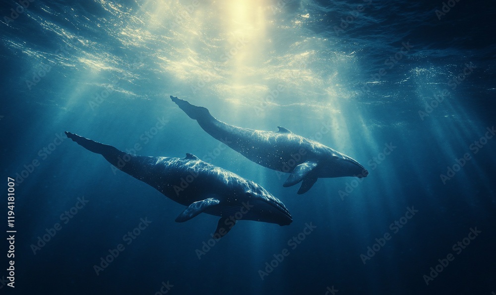 Fototapeta premium Two whales swim gracefully underwater, sunlight beams filtering through the ocean.