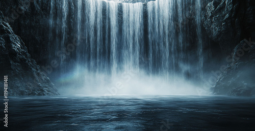 Majestic waterfall cascading into tranquil pool, dark moody rock formations, nature background, ideal for travel or fantasy
