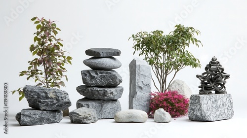 A beautifully curated stone sculpture garden scene, featuring a mix of traditional stone sculptures and contemporary metal pieces, presented in sharp focus on a plain solid color background to photo