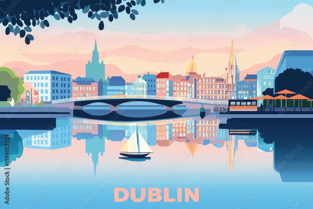 Naklejka premium Scenic depiction of Dublin showcasing the Ha’penny Bridge, St. Patrick’s Cathedral, and vibrant pubs in warm pastel tones reflecting its cultural charm..