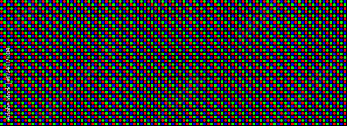 RGB pixel seamless pattern. Repeating LED screen background. LCD display circle dots wallpaper. Red Green Blue pixelated monitor texture. Repeated round dot crt display backdrop. Vector