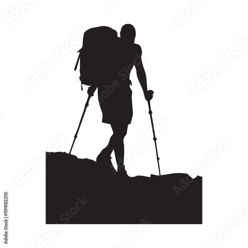 PrintHiking man Silhouettes. hiking man with rucksacks silhouette. hiker with backpack, vector silhouettes. mountaineer climber hiker people. Backpacker. walking with the aid of trekking poles.