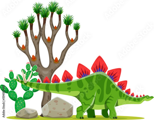 Cartoon prehistoric stegosaurus dinosaur character. Isolated vector dino with row of plates along its back and spiked tail, stands near cacti and desert vegetation. Herbivore of Late Jurassic period