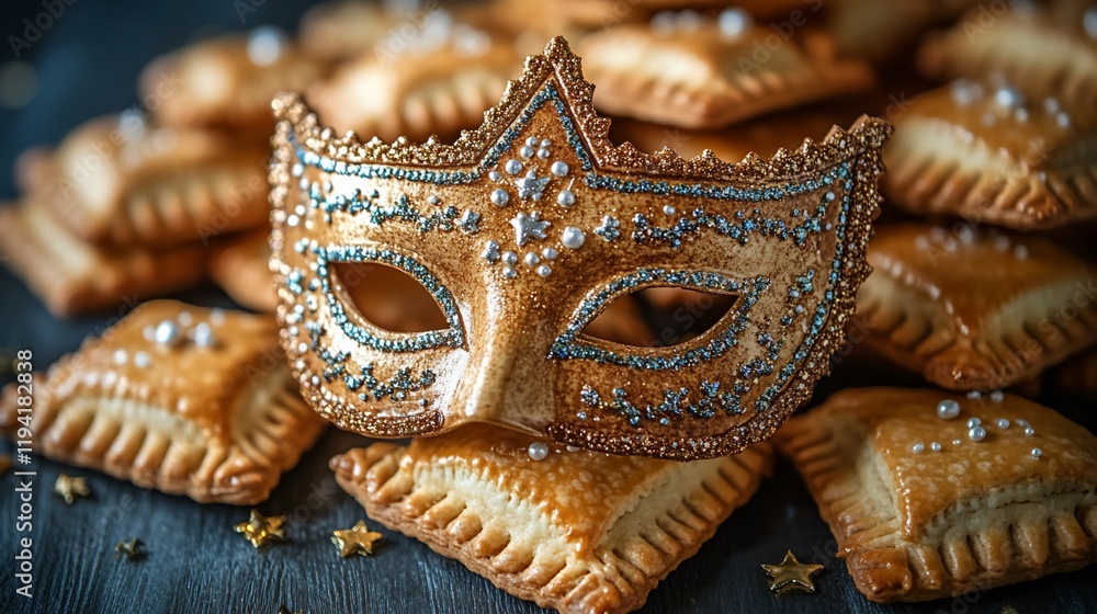 Obraz premium Golden masquerade mask on delicious pastries.