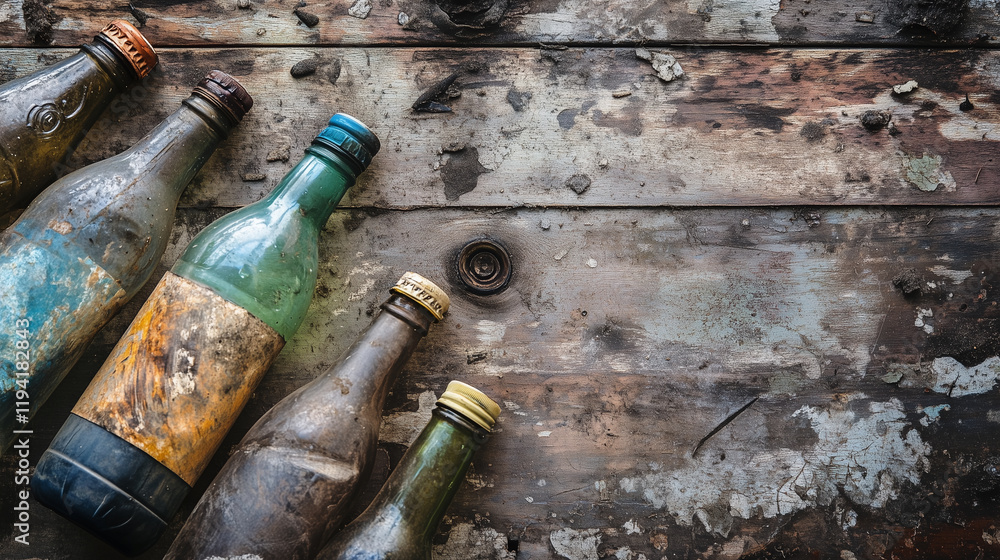 Old Glass Bottles on Distressed Wooden Surface Depicting Decay and Environmental Issues Old Glass Bottles on Distressed Wooden Surface Depicting Decay and Environmental Issues