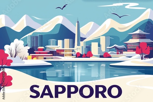 Scenic illustration of Sapporo featuring snow-covered landscapes, traditional Japanese architecture, and vibrant festivals in cool pastel tones reflecting its seasonal charm.. photo