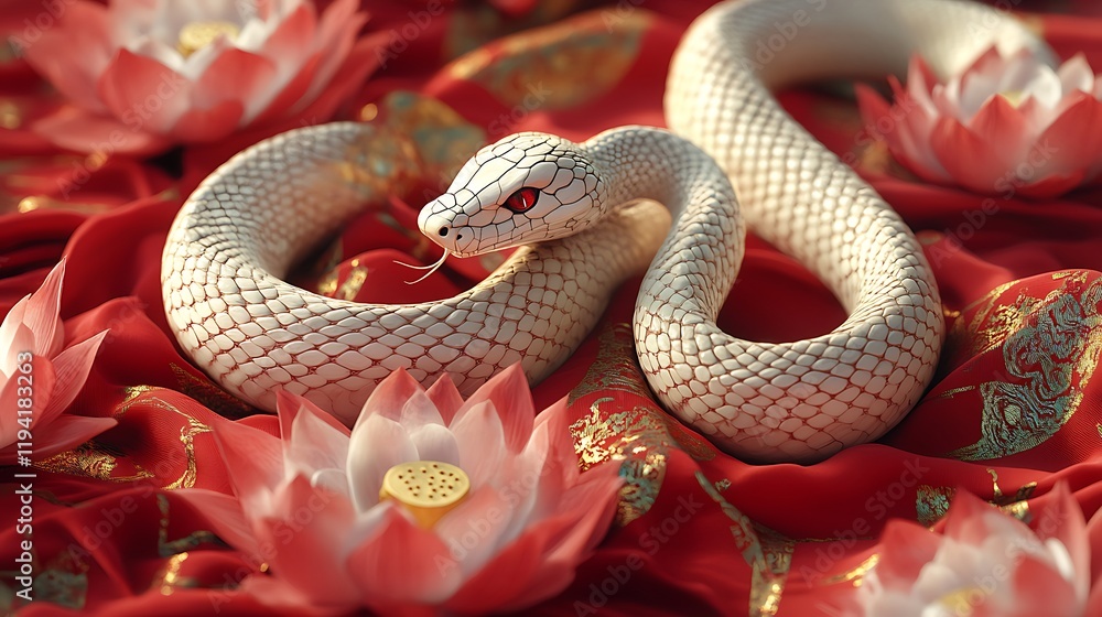 Fototapeta premium A stylized snake winding gracefully among lotus petals, highlighted against a luxurious red silk background with glowing golden Chinese patterns, cinematic depth, ultra-detailed scales and textures,
