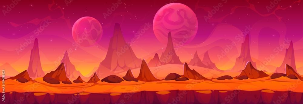 Fototapeta premium Alien space planet landscape with red terrain and multiple planets in sky. Towering rock formations create an otherworldly atmosphere. Cartoon vector background for science fiction and fantasy games