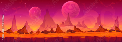 Alien space planet landscape with red terrain and multiple planets in sky. Towering rock formations create an otherworldly atmosphere. Cartoon vector background for science fiction and fantasy games
